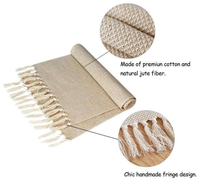 Chemin de table en lin brodé rustique beige