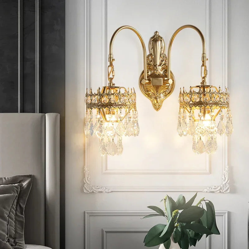 applique murale vintage luxe en cristal doré à deux lumières - vue 3 sur 6