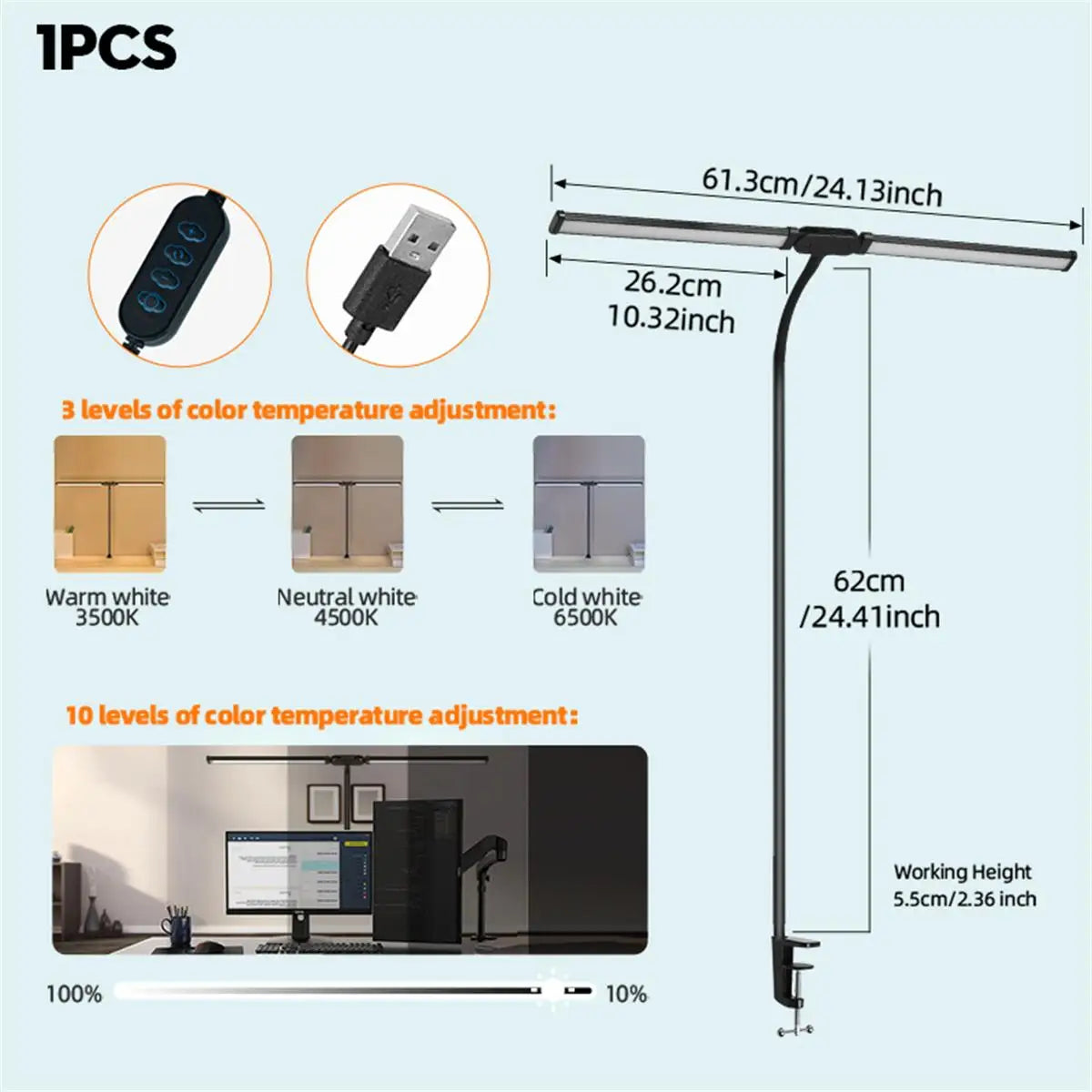 lampe de bureau à double tête à pince led adjustable - vue 8 sur 8