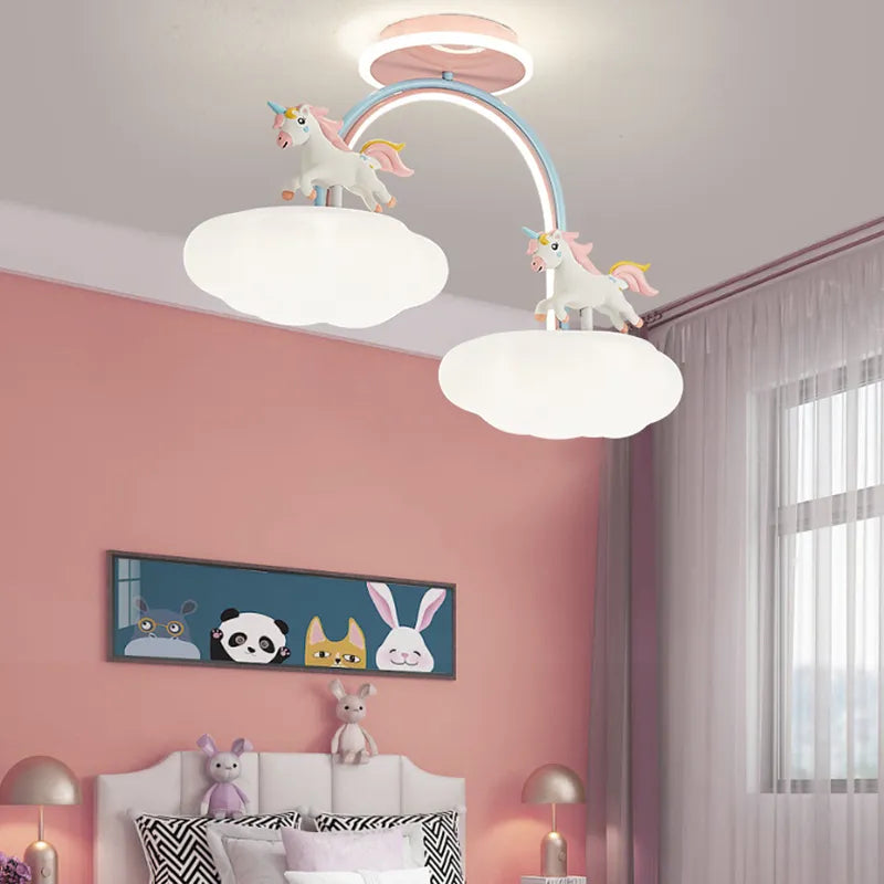 Dessin animé licorne lumière chambre d'enfant plafonnier avec télécommande nuage princesse chambre rose lustre lumière spectre complet - vue 2 sur 8