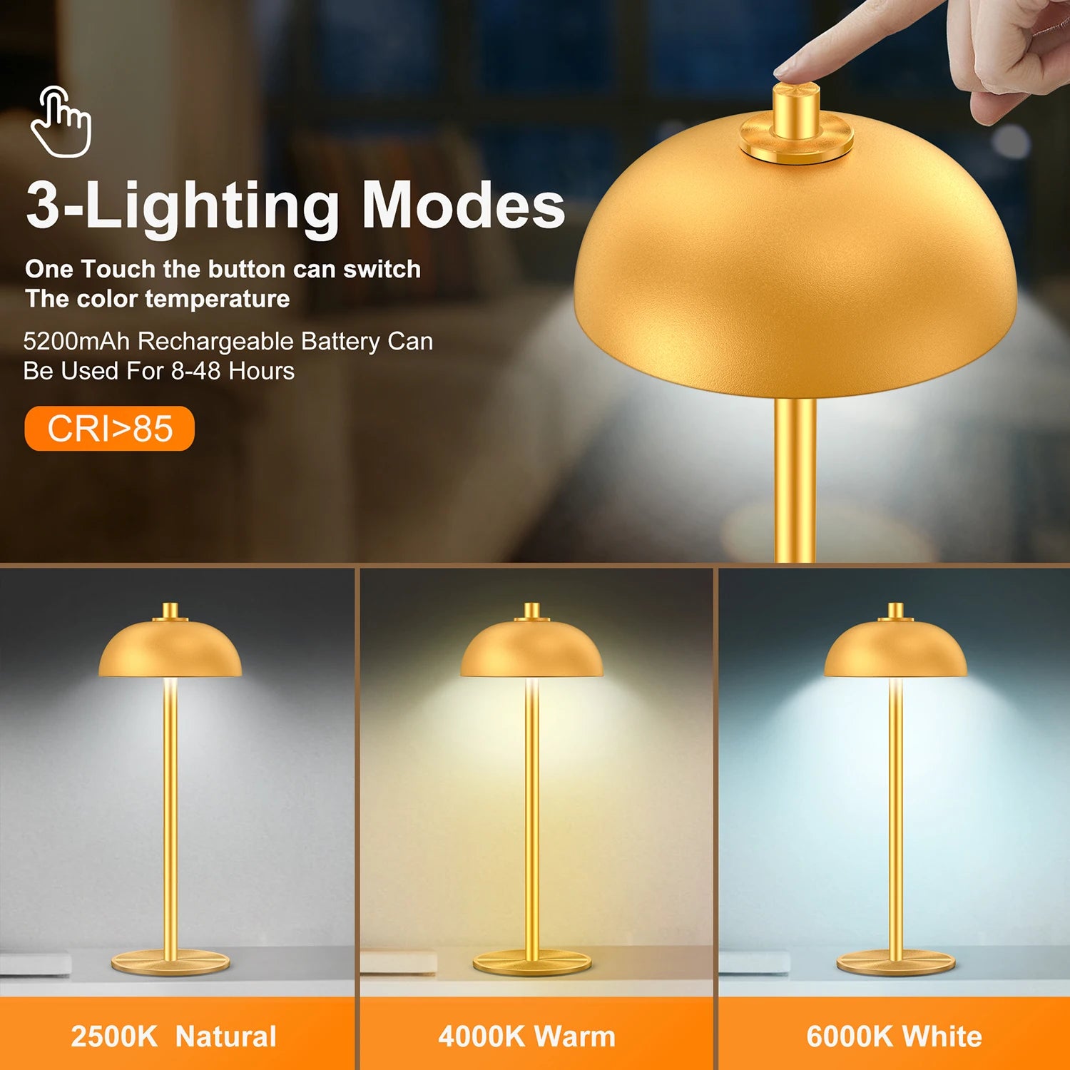 SUBORT Lampe de Table pour Chambre à Coucher Lampe Tactile sans Fil Rechargeable Camping Champignon Lampe créative Lumière d'ambiance USB-C Lampe de Bureau