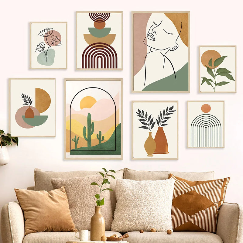 art mural abstrait avec cactus et fleurs géométriques boho