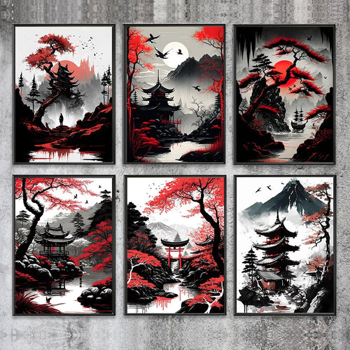 peinture vintage paysage naturel japonais temple de montagne décor mural