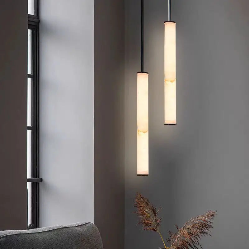 lustre cylindrique en marbre naturel avec cordon réglable 3000k - vue 3 sur 9