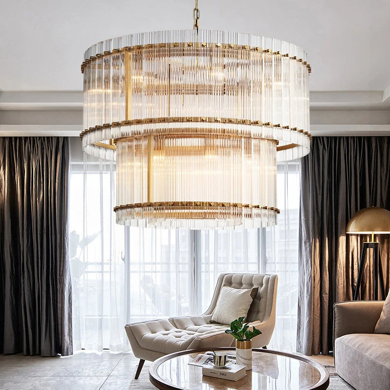 lustre de luxe en cristal double anneau doré led suspendu - vue 4 sur 21