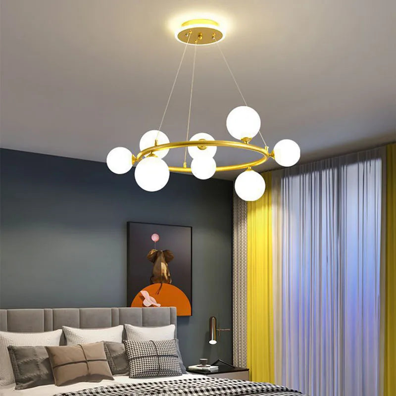 lustre moderne en verre mat avec anneau noir et fil réglable - vue 5 sur 14