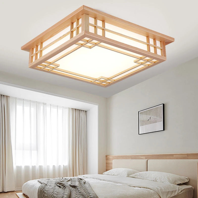 Plafonnier nordique en bois massif carré led décoratif - vue 3 sur 5