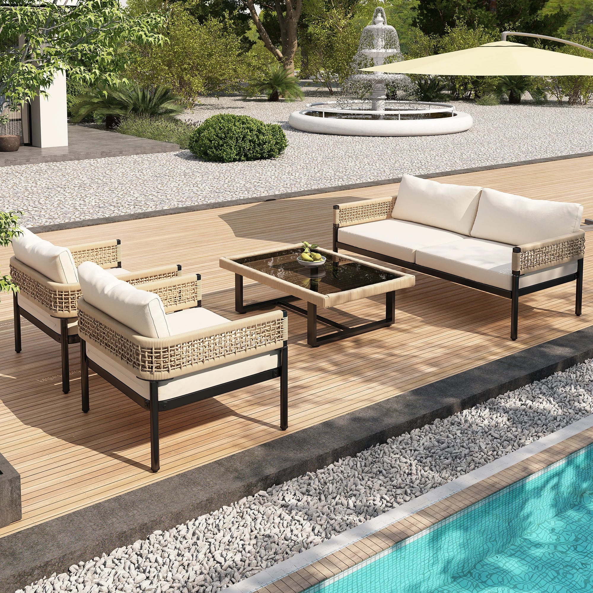 ensemble de meubles de jardin en fer et corde beige avec table en verre