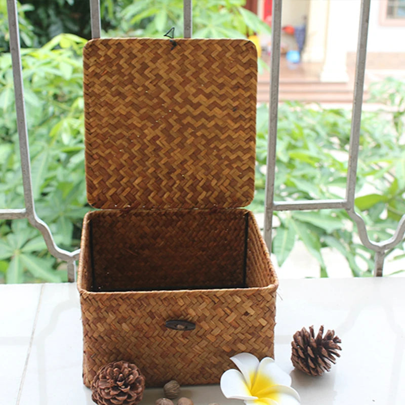 panier de rangement en algues tissé à la main avec couvercle - vue 5 sur 14