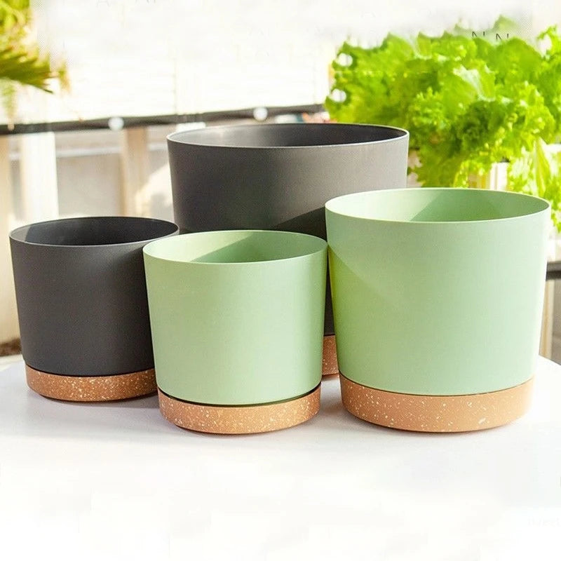 grand pot circulaire en plastique pour plantes d'intérieur avec drainage et plateau - vue 6 sur 15