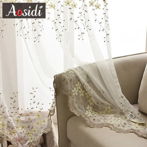 Voilage brodé fleurs style pastoral pour salon chambre