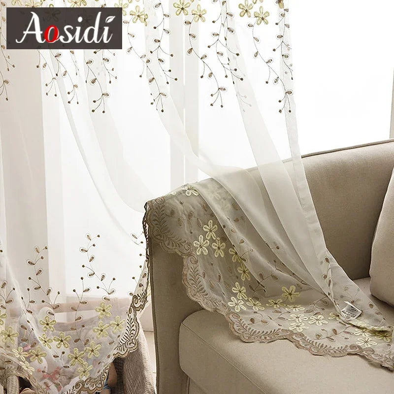 Voilage brodé fleurs style pastoral pour salon chambre - vue 4 sur 7