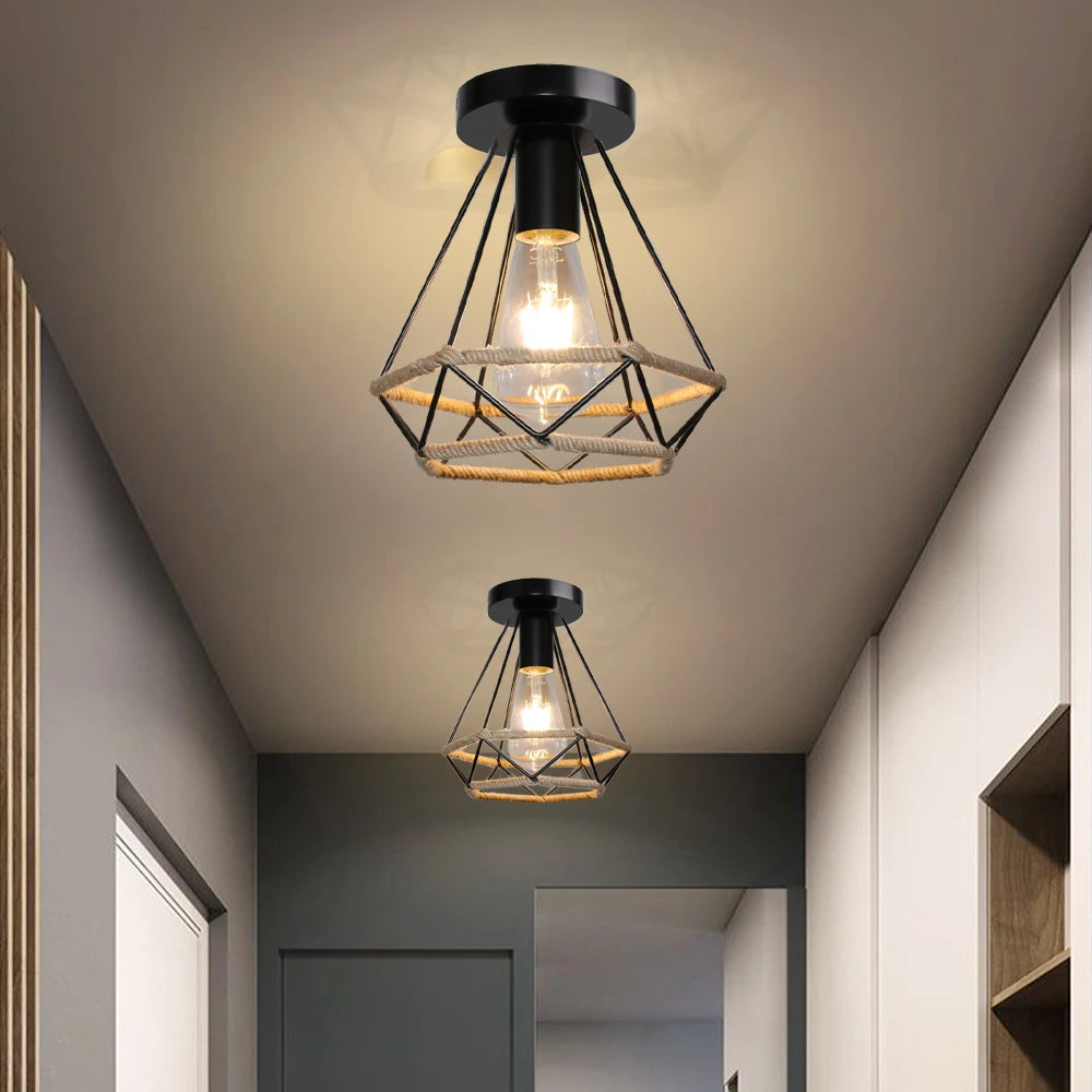 plafonnier rétro en métal avec corde de chanvre pour intérieur vintage