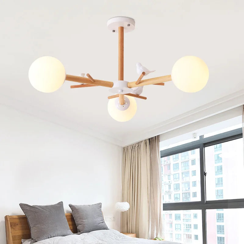 lustre en bois naturel avec abat-jour en verre moderne - vue 5 sur 9