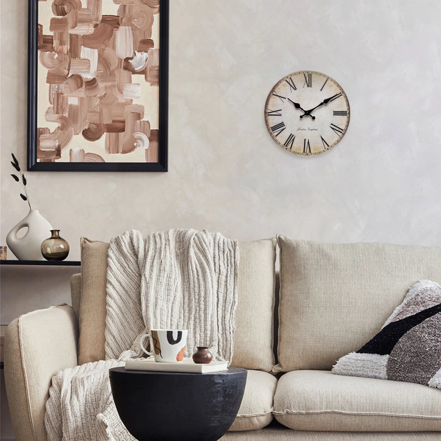 horloge murale en bois rétro avec chiffres romains décorative et silencieuse - vue 5 sur 7