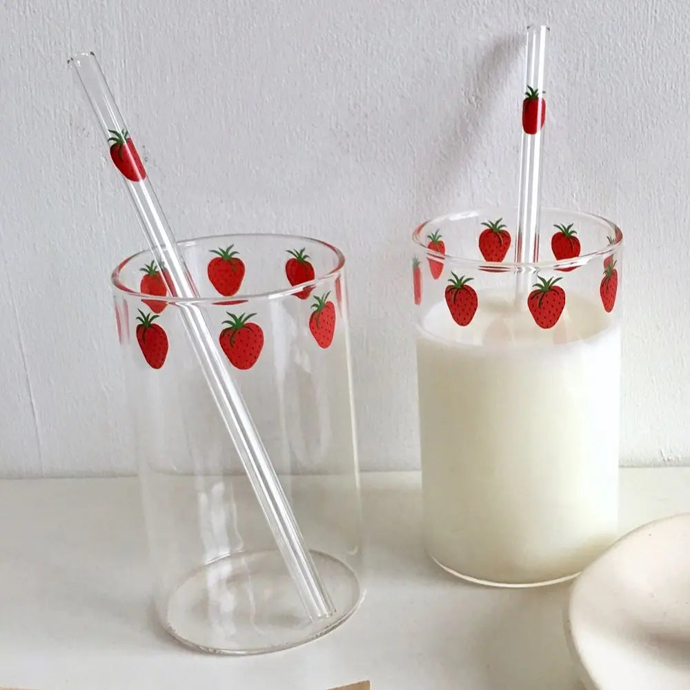 Gobelet verre paille motif fraise resistant chaleur 300ml