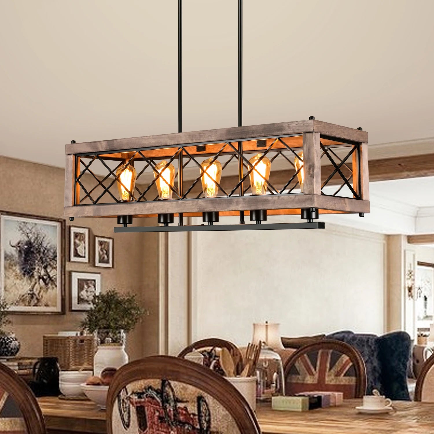 Lustre rustique en métal et bois - vue 5 sur 7