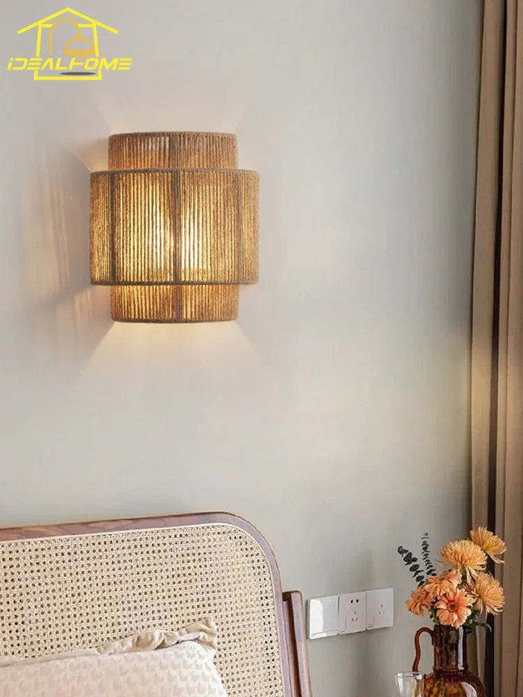 applique murale japonaise rétro en rotin tissé pour intérieur moderne - vue 5 sur 6