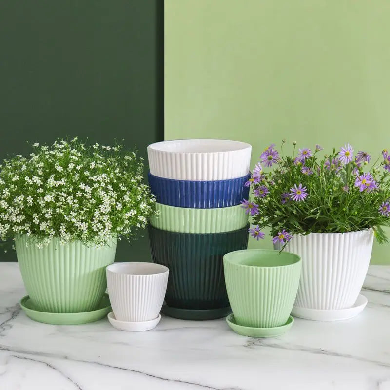 pot de fleurs rond pour succulentes avec plateau décoratif extérieur - vue 6 sur 10