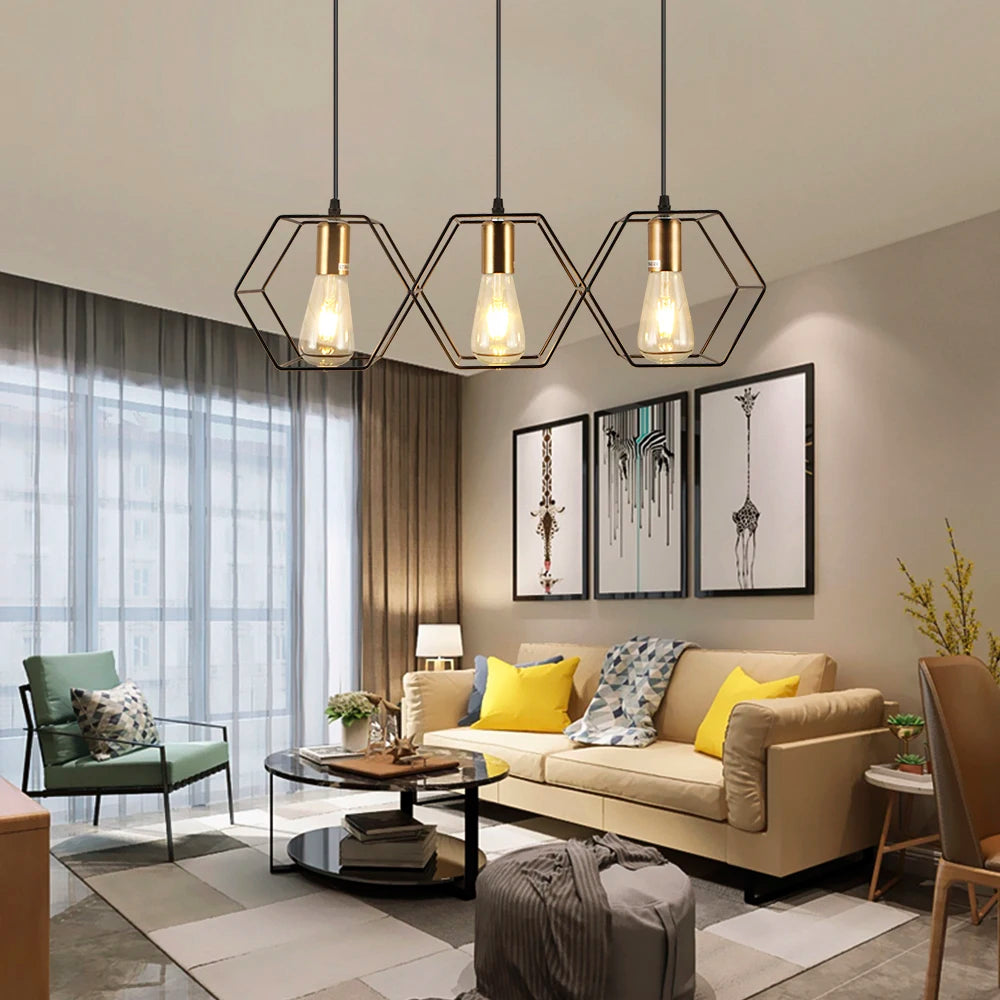 Loft Industrial Style Hexagonal Iron Art Dining Room Chandelier Retro Living Room Bedroom Lamp Bar Edison Creative Lamps - vue 6 sur 16