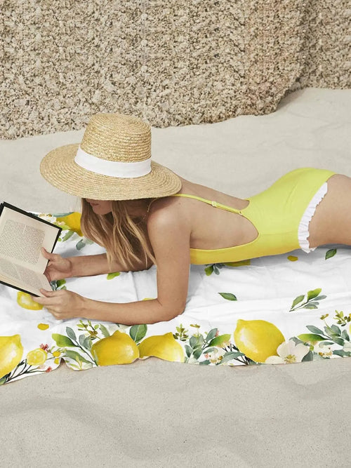 Serviette de bain microfibre motif citron floral plage