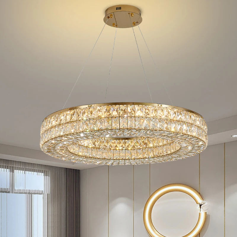 Lumière moderne luxe doré rond plafond lustre en cristal salon intérieur créatif anneau lumière LED lumineuse lustre - vue 6 sur 16
