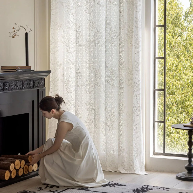 Voilage tulle brodé motifs feuilles pour salon chambre