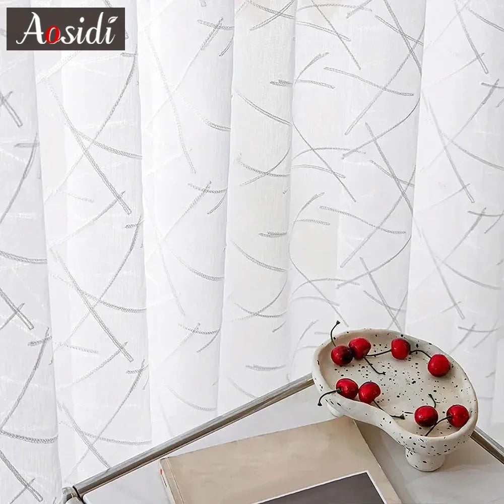Voilage tulle brodé motifs géométriques rayés salon chambre - vue 2 sur 7