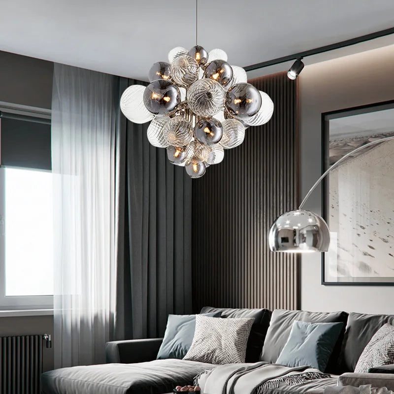 lustre moderne en verre à bulles lumière argentée or suspendu luxueux - vue 5 sur 10