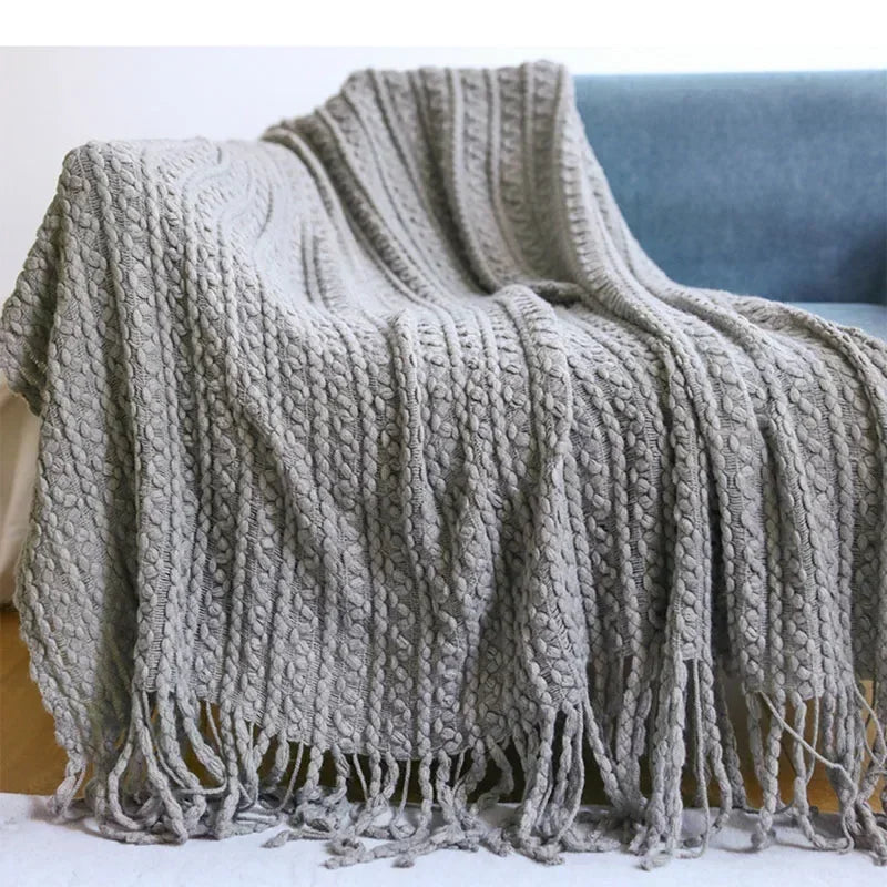 plaid boheme ultra doux a carreaux avec pompons - vue 4 sur 7