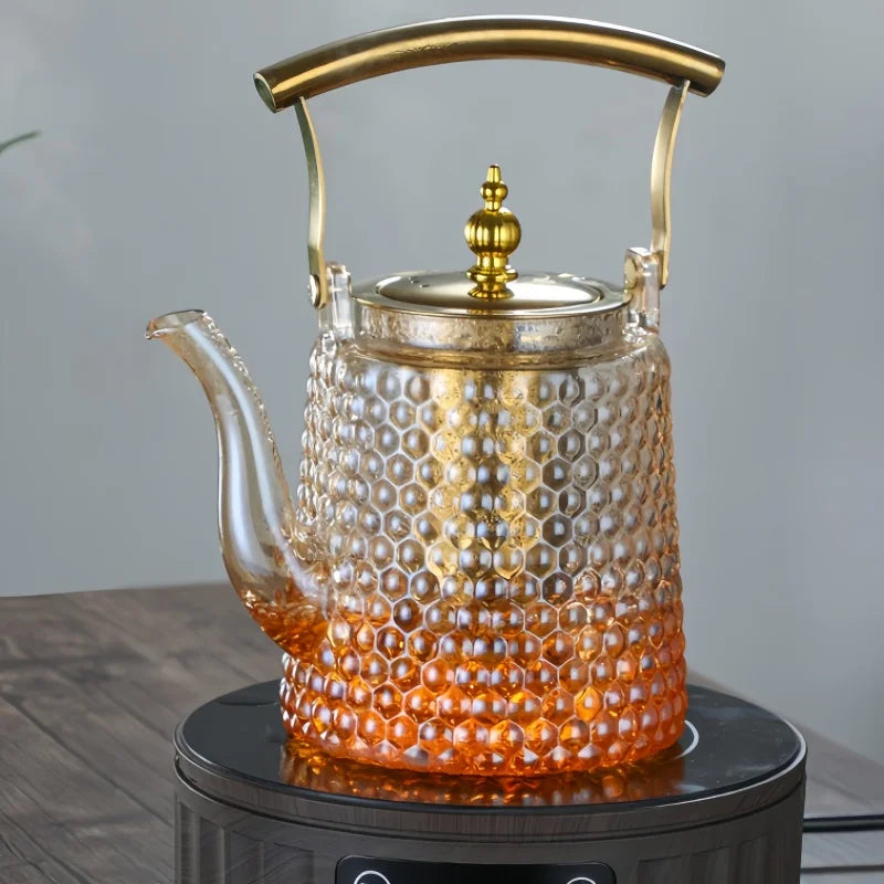Théière japonaise verre borosilicate rétro poignée cuivre - vue 3 sur 7