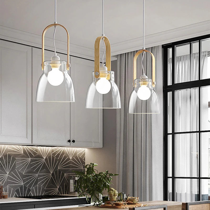 suspension moderne en verre transparent avec ampoule en bois - vue 3 sur 8