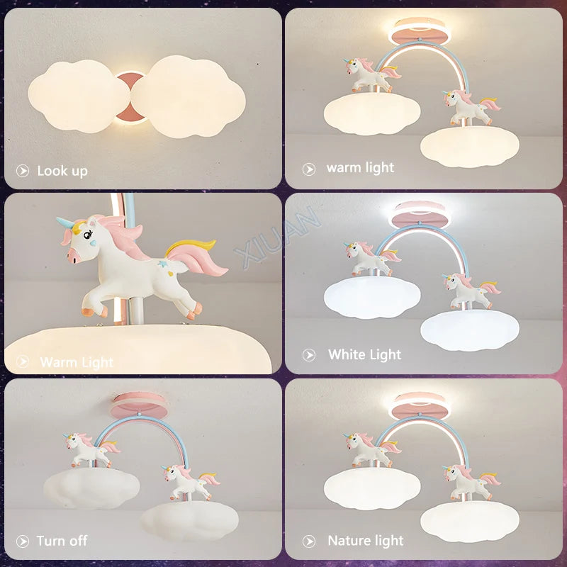 Dessin animé licorne lumière chambre d'enfant plafonnier avec télécommande nuage princesse chambre rose lustre lumière spectre complet - vue 6 sur 8
