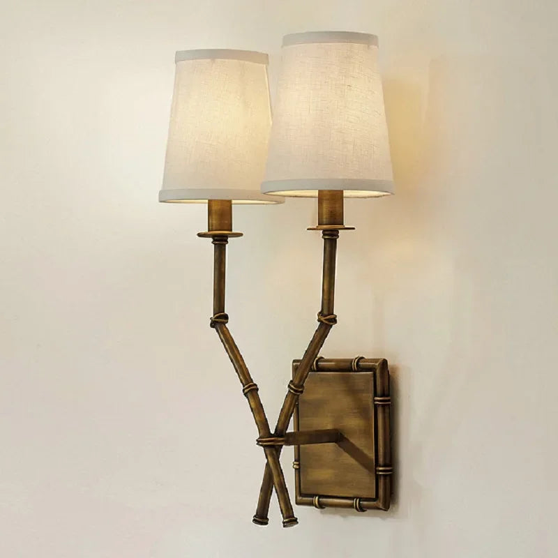 Applique nordique chambre lampe de chevet salon salle à manger américain en fer forgé bambou Double tête lin applique décor - vue 3 sur 6