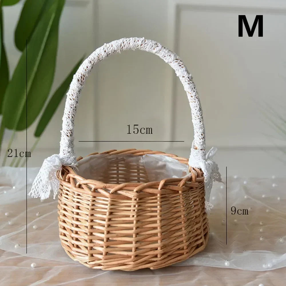 panier en rotin naturel tissé à la main pour mariage décoratif avec dentelle - vue 5 sur 7