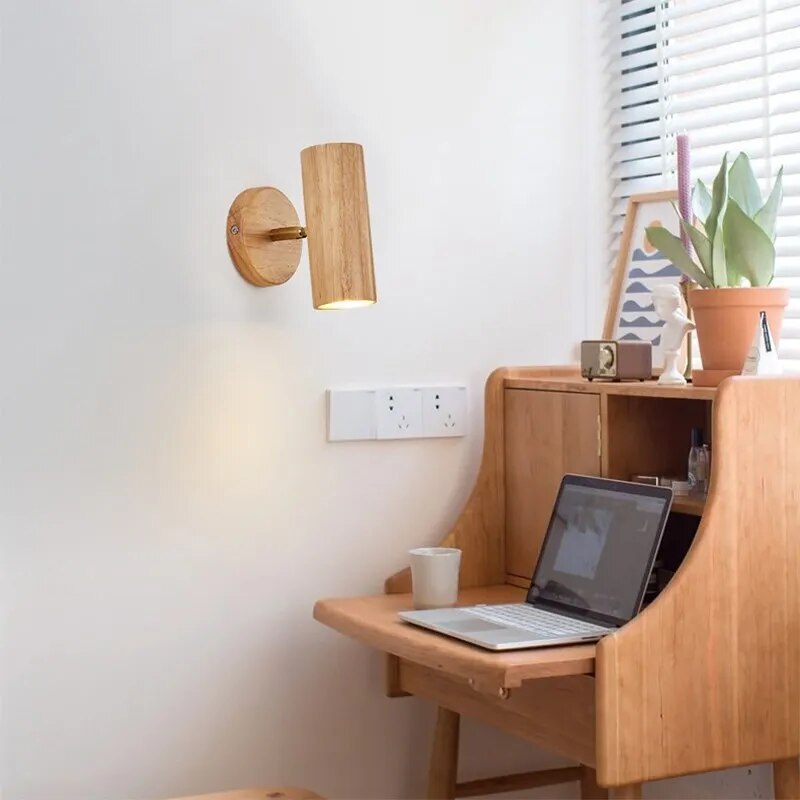 Applique murale LED nordique bois réglable projecteur étude den - vue 5 sur 12