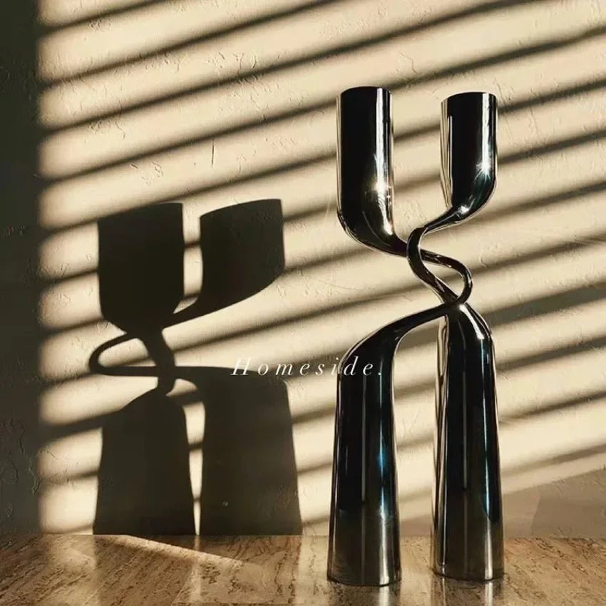 bougeoir en métal argenté candélabre de luxe double tête décoratif - vue 5 sur 9