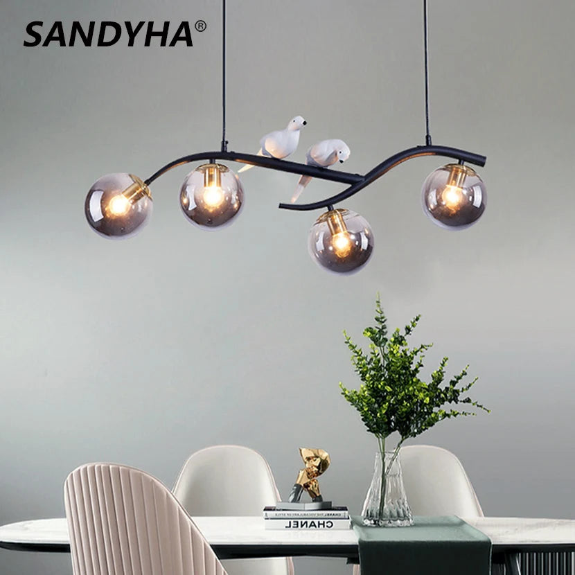 lustre en fer avec oiseau et boule de verre suspendue - vue 2 sur 12