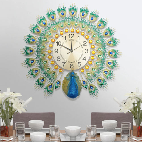 horloge murale silencieuse en métal motif paon décorative intérieure - vue 2 sur 7