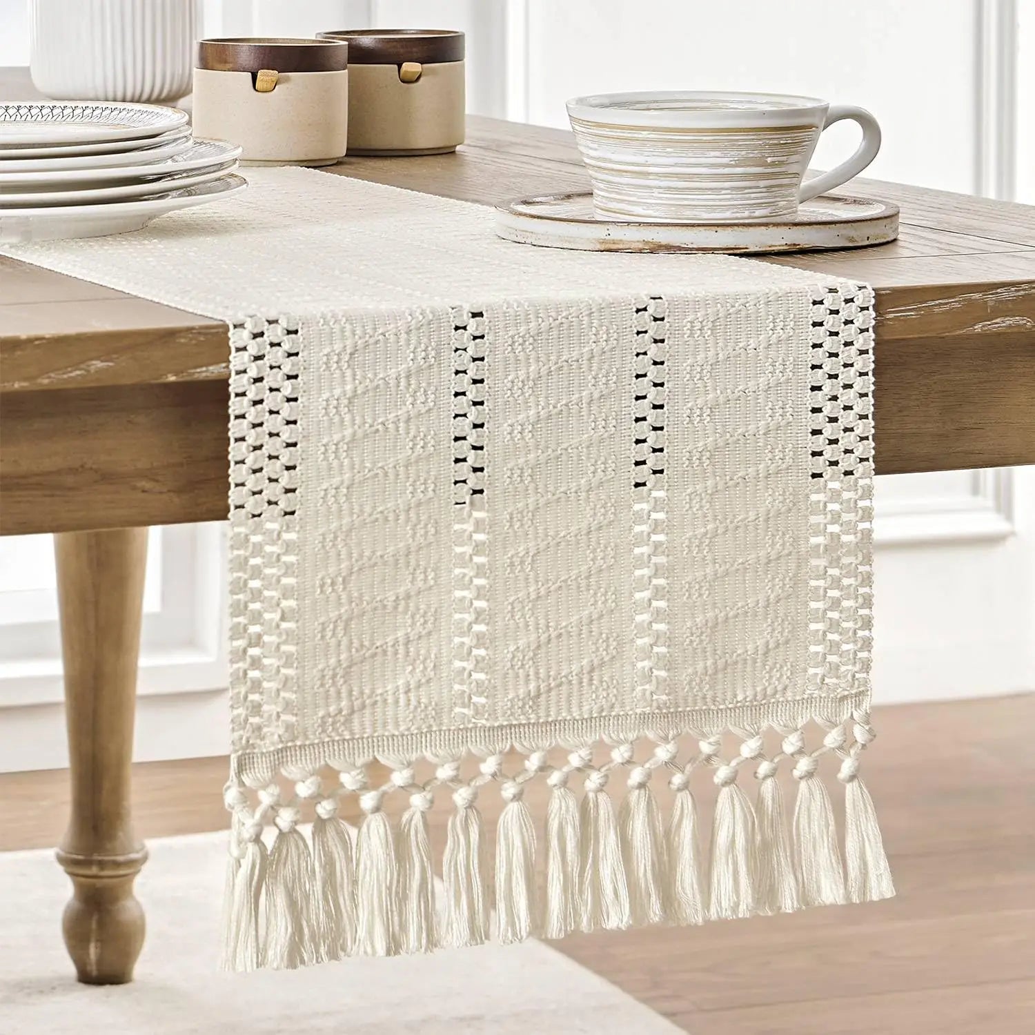 Chemin de table macramé bohème ivoire franges tissé - vue 3 sur 7