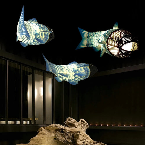 lustre en bambou style chinois créatif avec gros poisson - vue 4 sur 12