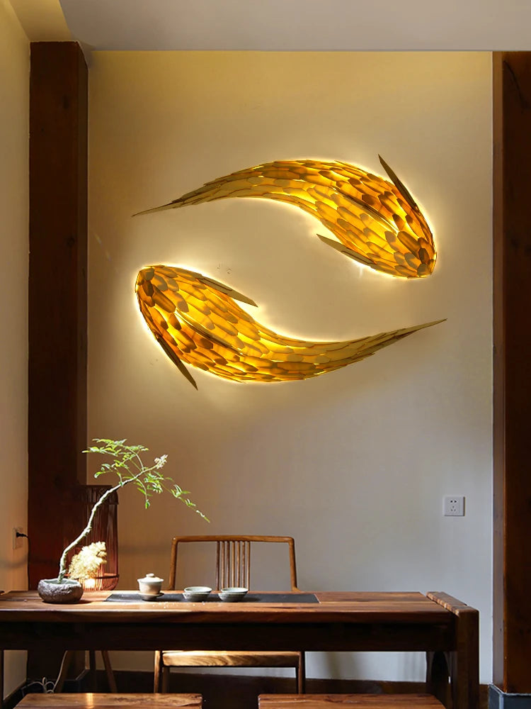 applique murale led bambou design nordique tissée main forme poisson - vue 4 sur 8