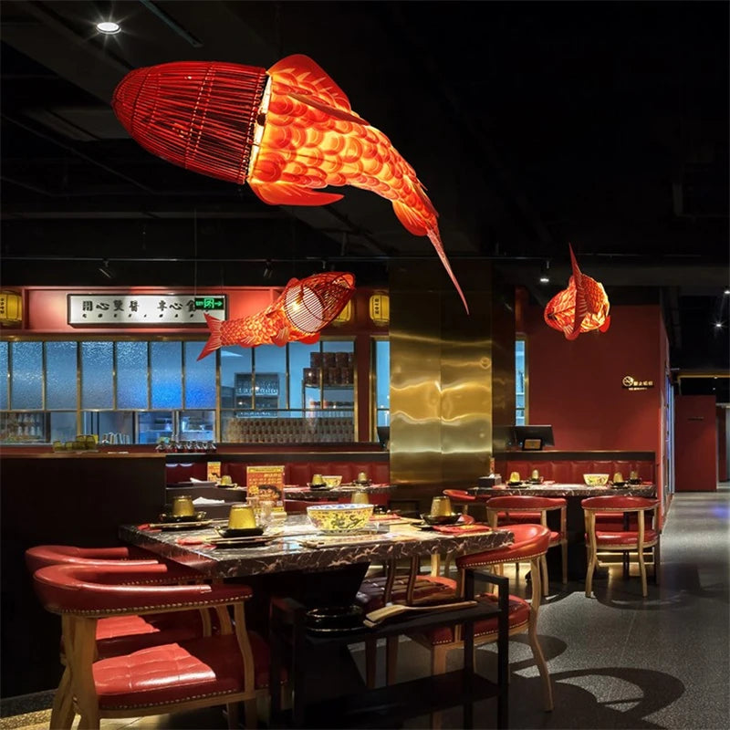 suspension Moderne en bois gros poisson lumières style chinois bambou créatif restaurant - vue 5 sur 12