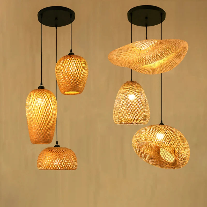 lustre style chinois fait main en bambou tissage pastoral vintage - vue 6 sur 30