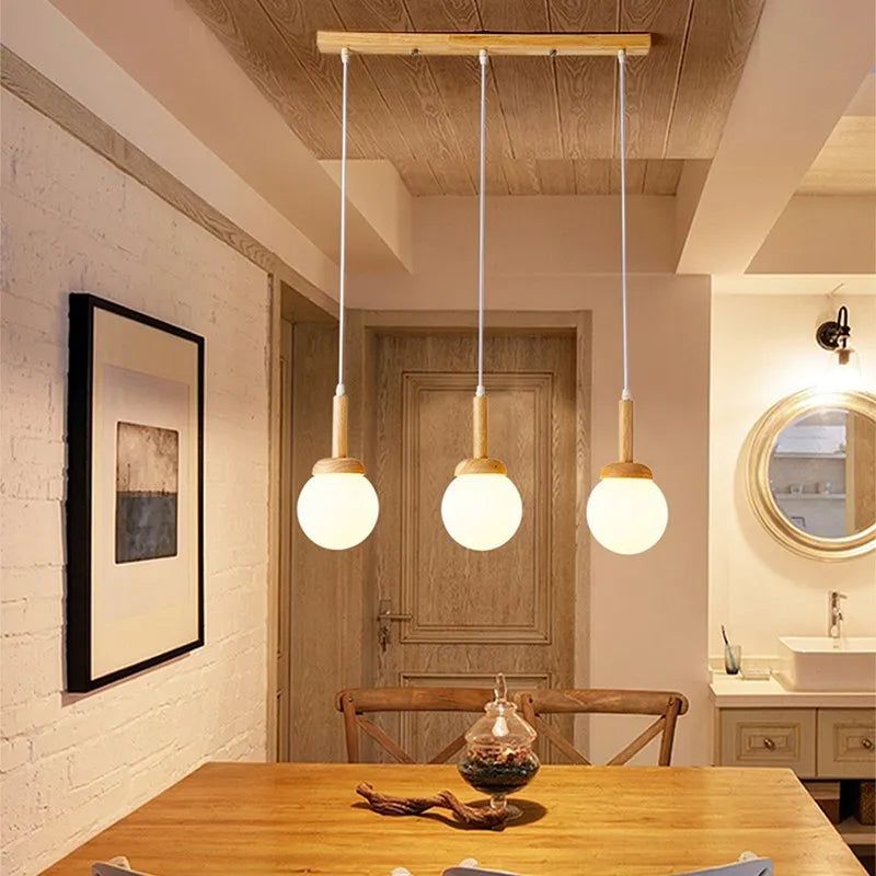 Suspension LED en verre nordique en forme d'oiseau rond en bois - vue 2 sur 15