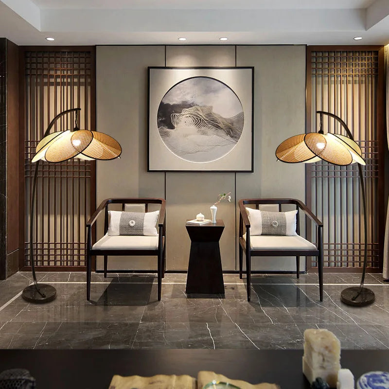 lampadaire rétro en rotin tissé design chinois pour décoration intérieure