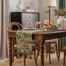 Chemin de table jacquard vert floral pompons campagne