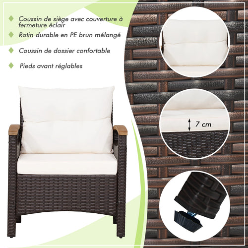 mobilier de jardin en rotin avec deux fauteuils et une table