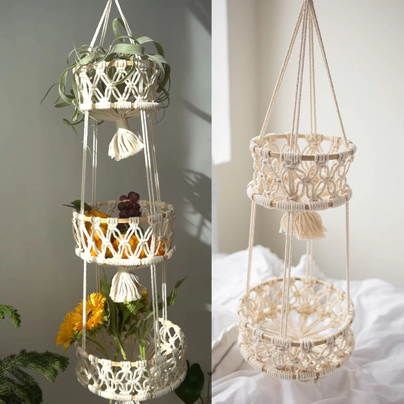 panier suspendu en macramé pour plantes et fruits décoratif - vue 6 sur 10