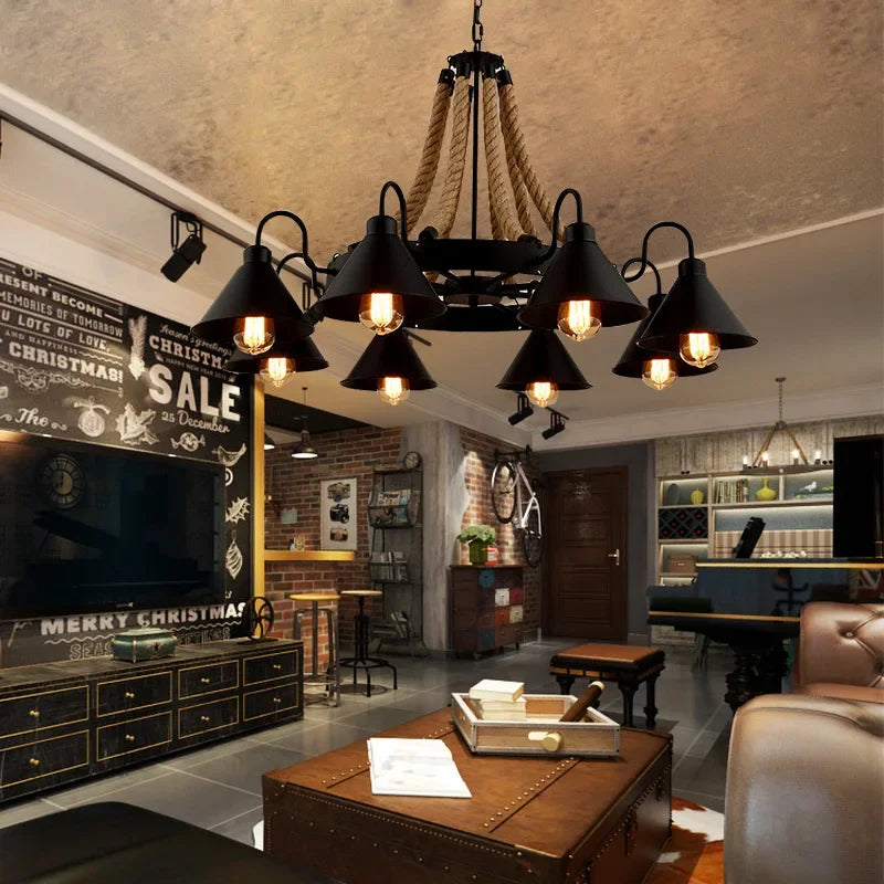 Vintage Hemp Rope Pendant Lamps Iron Lampshade Retro Coffee House Bar Indoor Lightings E27 Industrial Style Chain Pendant Light - vue 6 sur 12